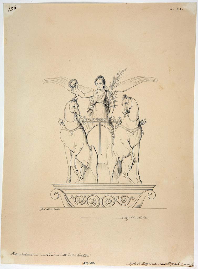 IX.3.5 Pompeii. Room 5, painting from upper centre of north wall, the stucco has completely fallen from this area.
Drawing by Giuseppe Abbate, 1847, of painting of Nike on a chariot.
Now in Naples Archaeological Museum. Inventory number ADS 1017.
Photo © ICCD. http://www.catalogo.beniculturali.it
Utilizzabili alle condizioni della licenza Attribuzione - Non commerciale - Condividi allo stesso modo 2.5 Italia (CC BY-NC-SA 2.5 IT)
See Helbig, W., 1868. Wandgemälde der vom Vesuv verschütteten Städte Campaniens. Leipzig: Breitkopf und Härtel. (939).

