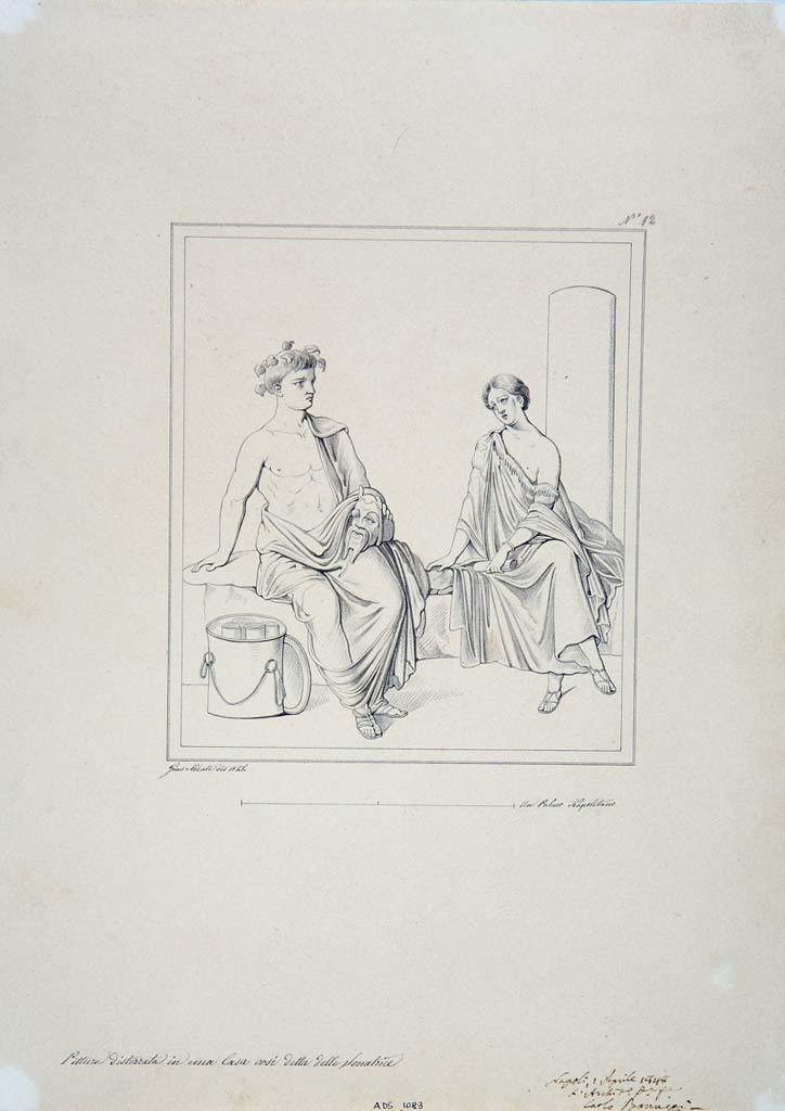 IX.3.5 Pompeii. Room 13, south wall. Drawing by Giuseppe Abbate, 1848, of painting of sitting Poet with comic mask, and Muse.
Now in Naples Archaeological Museum. Inventory number ADS 1083.
Photo © ICCD. http://www.catalogo.beniculturali.it
Utilizzabili alle condizioni della licenza Attribuzione - Non commerciale - Condividi allo stesso modo 2.5 Italia (CC BY-NC-SA 2.5 IT)
Original painting now in Naples Archaeological Museum, inventory number 9030. 
See Helbig, W., 1868. Wandgemälde der vom Vesuv verschütteten Städte Campaniens. Leipzig: Breitkopf und Härtel, (1458).
