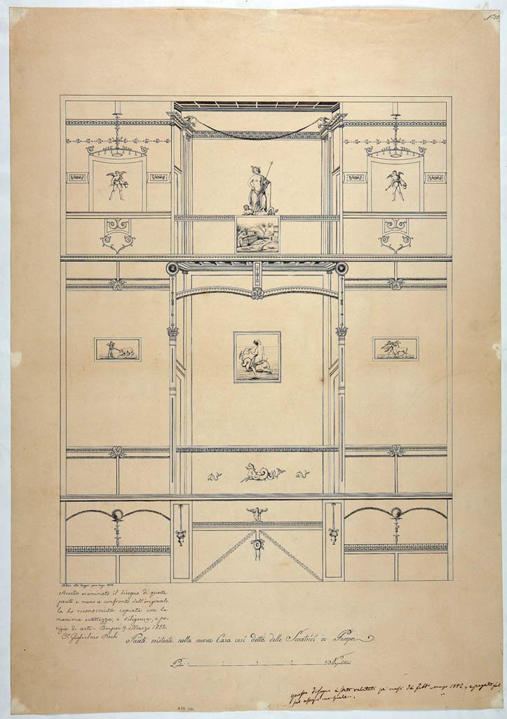 IX.3.5 Pompeii. Drawing by Antonio Ala, 9th March 1852, of west wall of cubiculum.
Underneath the drawing is written – 
Antonio Ala disegno sopra luogo 1852. 
Avendo esaminato il disegno di questa parete e messo a confronto dell’originale la ho riconosciuta copiata con la massima esattezza e diligenza, e perizia di arte.
(trans: Having examined the design of this wall and made a comparison of the original, I have recognized it copied with the utmost exactitude and diligence, and art expertise.)
This drawing, judging by the central painting of a nereid riding a seahorse, would appear to be of the west wall of the cubiculum.
The two “vignettes” in the side panels, however, appear to belong to the east wall.
Now in Naples Archaeological Museum. Inventory number ADS 1021.
Photo © ICCD. http://www.catalogo.beniculturali.it
Utilizzabili alle condizioni della licenza Attribuzione - Non commerciale - Condividi allo stesso modo 2.5 Italia (CC BY-NC-SA 2.5 IT)
