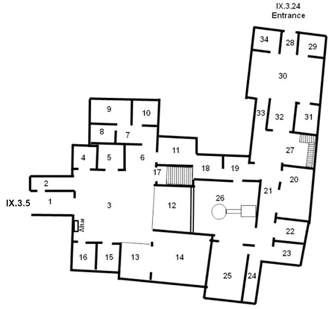 IX.3.5 and IX.3.24 Pompeii. House of M. Lucretius or Casa delle Suonatrici
Combined Room Plan