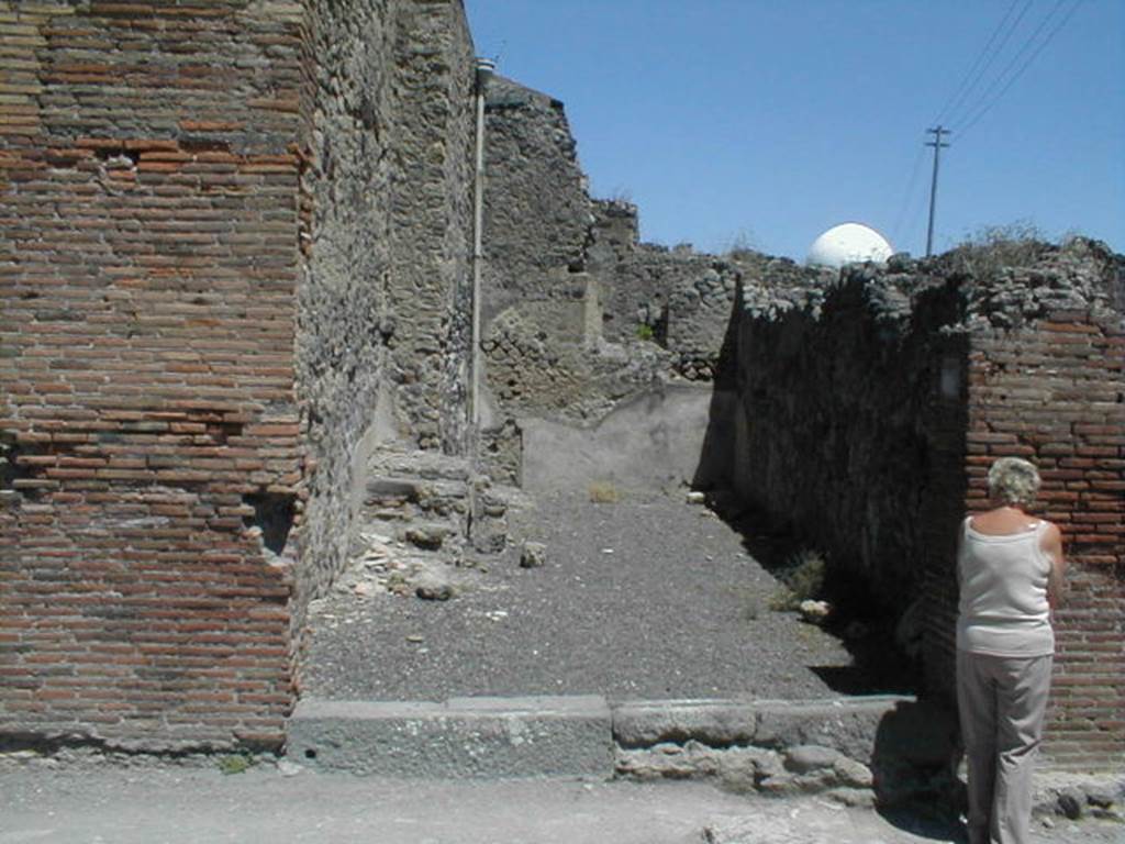 IX.3.7 Pompeii. May 2005. Entrance, looking east from Via Stabiana.
According to Fiorelli, “this shop was very deep, and inside had stairs to the mezzanine above with the niche of the Penates, near to which was found that painting depicting Isis-Fortuna on the globe, the god Luno on horseback, and winged Esperus carrying a torch: at the top one read” -
 
See Fiorelli, G., (1875). Descrizione di Pompei, (p.394)
See Pappalardo, U., 2001. La Descrizione di Pompei per Giuseppe Fiorelli (1875). Napoli: Massa Editore. (p.146)
See Bullettino dell’Instituto di Corrispondenza Archeologica (DAIR), 1847, p. 127-8.
