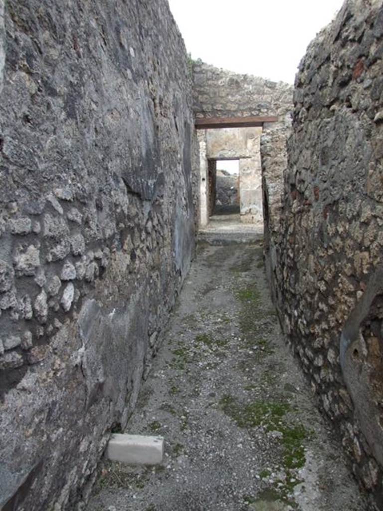 IX.3.15 Pompeii. March 2009. Room 1, entrance corridor, looking north. According to Fiorelli, “This house was preceded by a long open corridor, at the end of which was the latrine sheltered by a roof.  The entrance door to the atrium was here, it had an impluvium and puteal, on the west side of which was a cubiculum and a room, used perhaps as a tablinum. 
Nearby was the corridor, having to the left another spacious cubiculum, from where, mounting two steps, one went into an oecus. Both the oecus and the corridor exited onto the portico, which surrounded the garden area.  This portico supported by ten columns, with a masonry pluteus joining them, was later closed on the north side, to give place to a windowed triclinium, preceded by a storeroom, and by the hearth which was against the latrine.  On the south side there were an exedra, a cubiculum, and a spacious room, these resulted from the breaking down of walls that existed here before.” 
See Fiorelli, G., (1875). Descrizione di Pompei, (p.396).
See Pappalardo, U., 2001. La Descrizione di Pompei per Giuseppe Fiorelli (1875). Napoli: Massa Editore. (p.146)
.