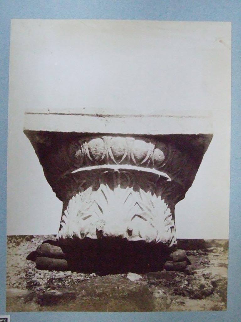 IX.4.18 Pompeii. Central Baths. May 1886.
Capital of column lying in unfinished peristyle “d” of the Baths.
Courtesy of Society of Antiquaries. Fox Collection.
