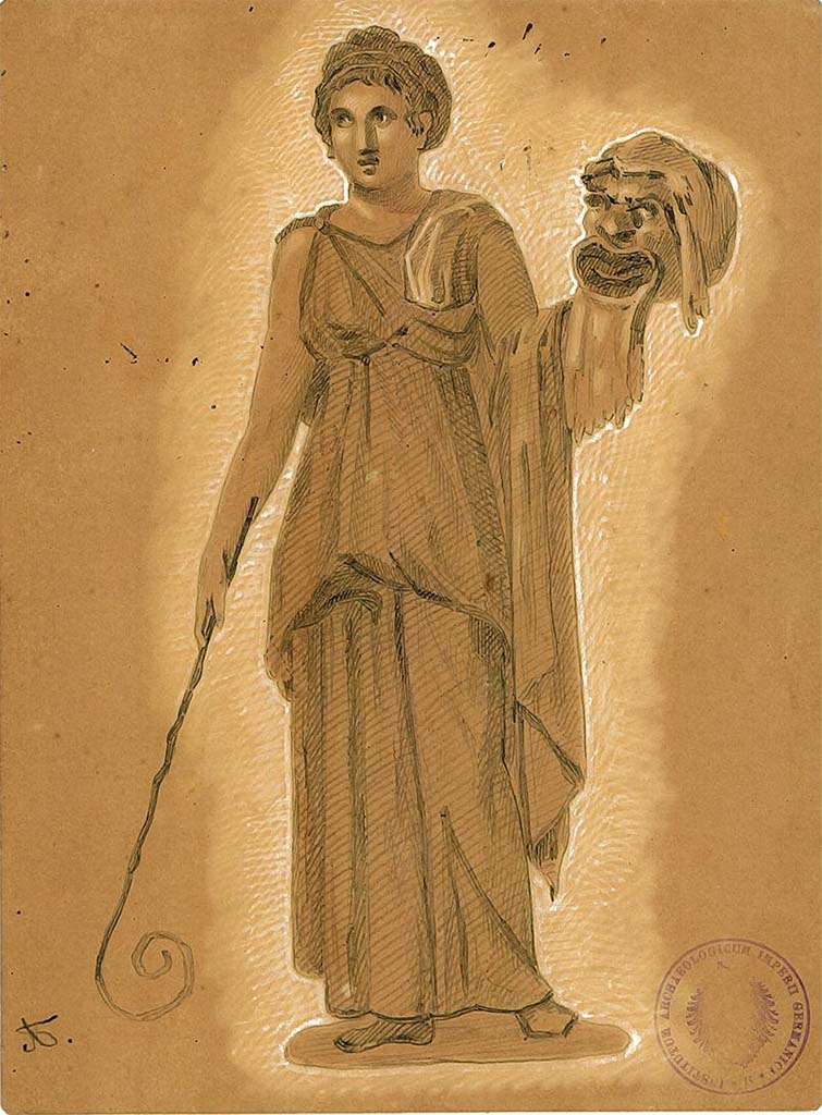 IX.5.11 Pompeii. Room 6, oecus, east wall.
Undated drawing (between 1877-1888) by A. Sikkard of Muse Thalia with comic mask and shepherds crook.
DAIR 83.247. Photo  Deutsches Archologisches Institut, Abteilung Rom, Arkiv.

