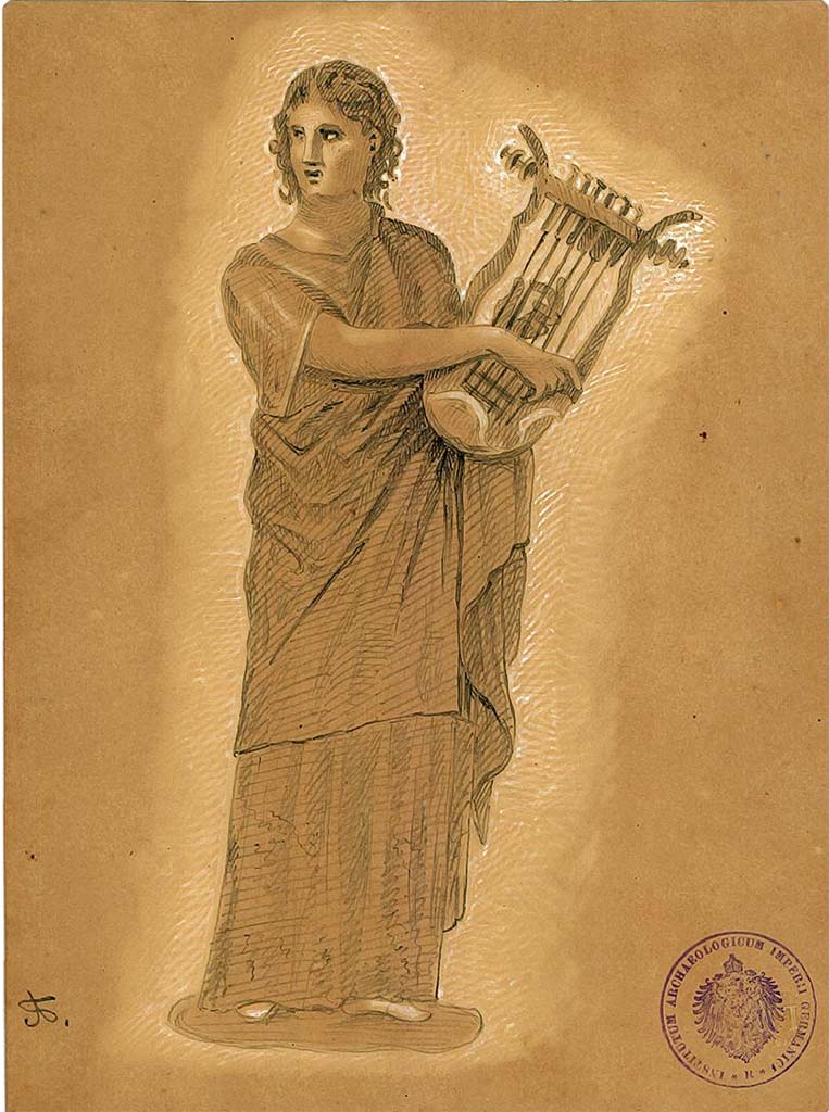 IX.5.11 Pompeii. Room 6, oecus, west wall. 
Undated drawing (between 1877-1888) by A. Sikkard of Muse Erato in attitude of playing the lyre.
DAIR 83.251. Photo  Deutsches Archologisches Institut, Abteilung Rom, Arkiv.
