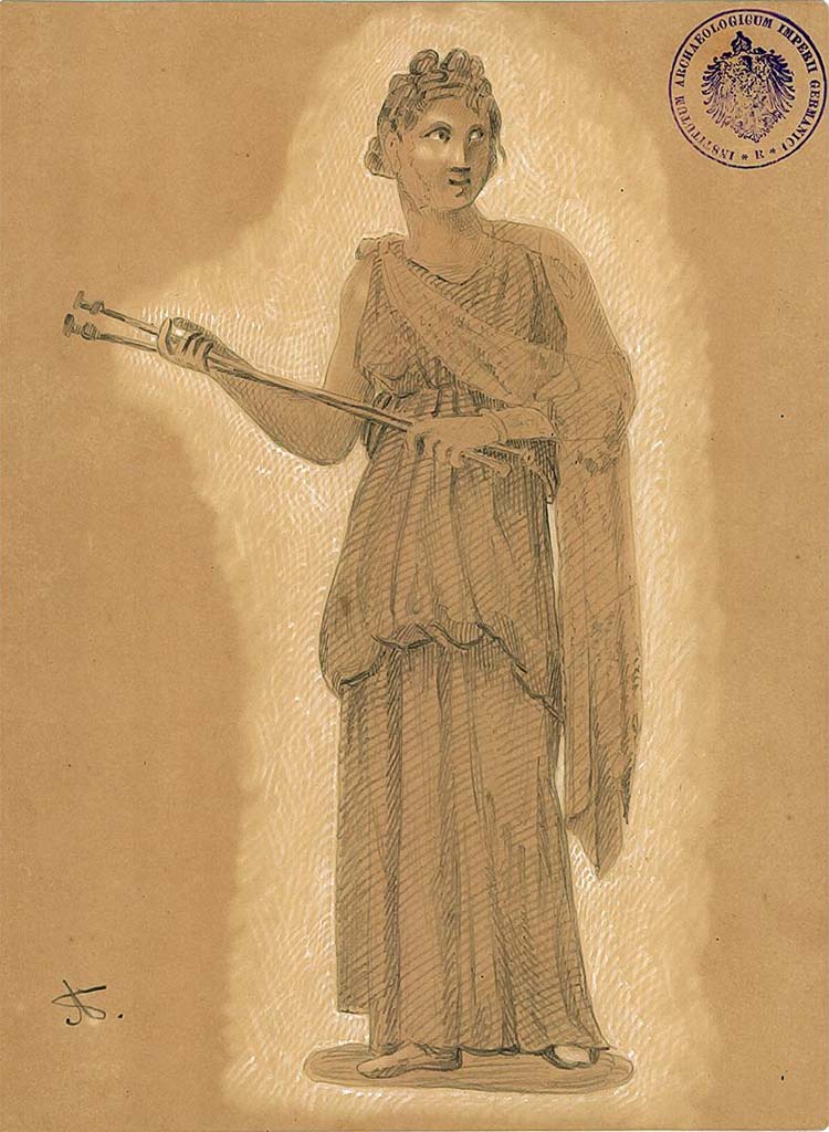 IX.5.11 Pompeii. Room 6, oecus, west wall. 
Undated drawing (between 1877-1888) by A. Sikkard of Muse Calliope holding a flute.
DAIR 83.252. Photo  Deutsches Archologisches Institut, Abteilung Rom, Arkiv.
