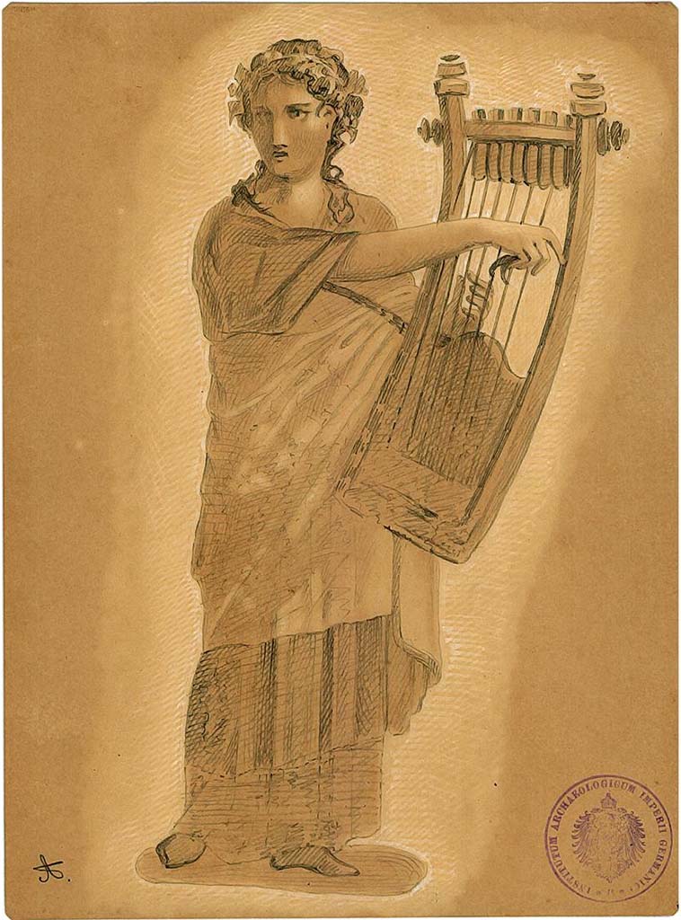 IX.5.11 Pompeii. Room 6, oecus, north wall. 
Undated drawing (between 1877-1888) by A. Sikkard of Muse Terpsichore playing the zither.
DAIR 83.253. Photo  Deutsches Archologisches Institut, Abteilung Rom, Arkiv.

