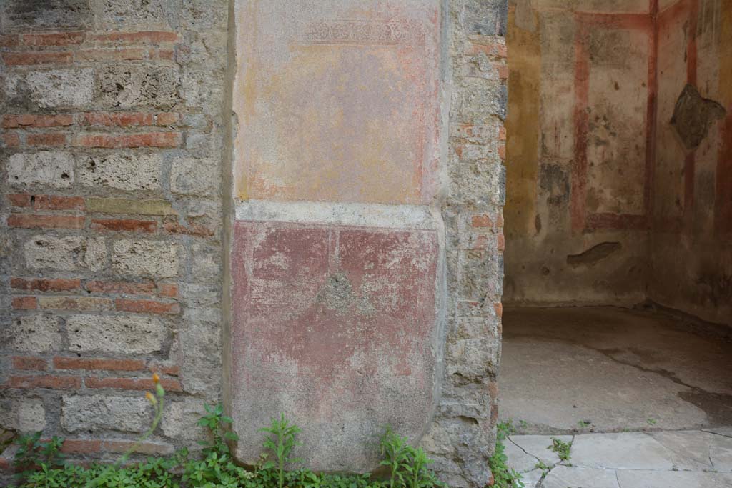 IX.5.11 Pompeii. May 2017. 
Room b, detail of painted decoration on lower wall on south side of doorway into room f. 
The zoccolo is red and the middle panel on the wall is yellow.
Foto Christian Beck, ERC Grant 681269 DÉCOR.
