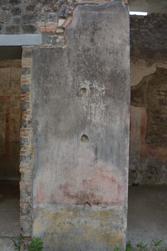 IX.5.11 Pompeii. May 2017. 
Room b, painted decoration on north side of doorway into room f, on left.
On this side of the doorway, the zoccolo is yellow and the middle panel of the wall is red.
Foto Christian Beck, ERC Grant 681269 DÉCOR.

