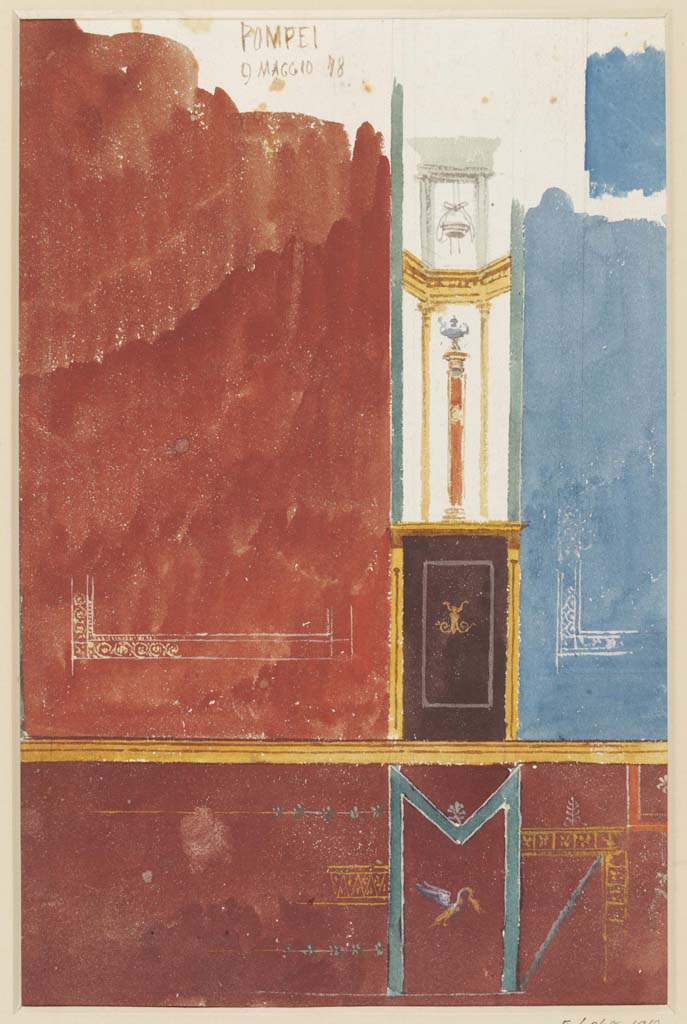 IX.5.11 Pompeii. 9th May 1878. Room 5, east wall of tablinum, with red side panel and unusual blue central panel.
Watercolour by Luigi Bazzani.
Described as preliminary study of painted wall-decoration in a house in the Vicolo del Gallo at Pompeii, whereas this would be on the south side of the Via Nola.
Photo  Victoria and Albert Museum. Inventory number 6268-1910.

