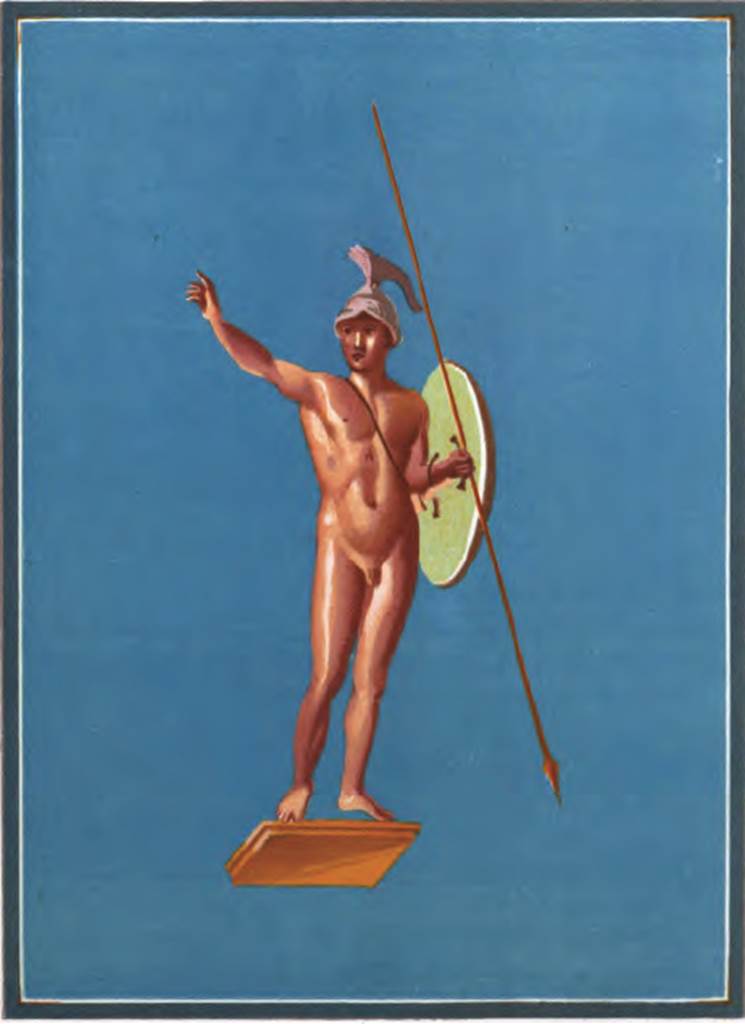 IX.5.11 Pompeii. 1878, room 5, tablinum. Copy of a painting of a warrior. According to Presuhn there were 6 naked warriors, painted in a masterly hand, which he contrasted with the rough painting elsewhere in the house. See Presuhn E., 1878. Pompeji: Die Neuesten Ausgrabungen  von 1874 bis 1878. Leipzig: Weigel. (VII, Plate I, p. 5).
