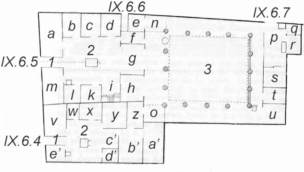IX.6.4-7 Pompeii plan.  Based on those in BdI as developed in PPM. 
The differences are that BdI uses Greek letters for a to e in IX.6.4 and PPM uses a’ to e’ and adds 1, 2 and 3 for the fauces, atrium and peristyle.
See BdI, September 1880, p.194.
