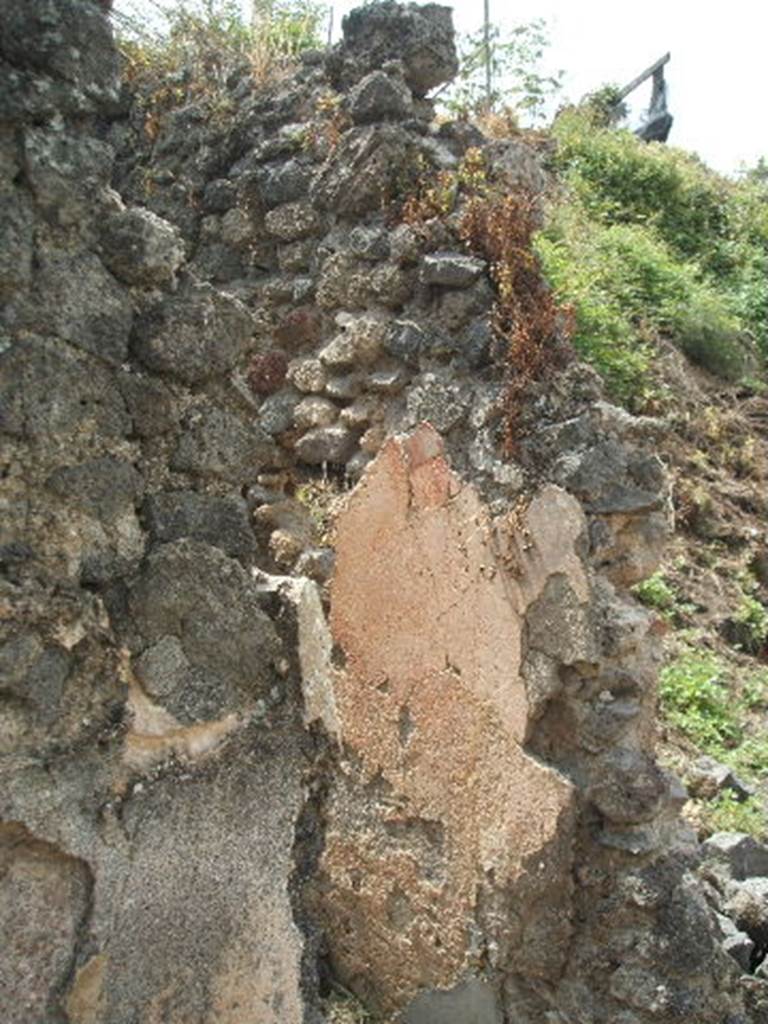 IX.6.8 Pompeii. May 2005. Remains of painted plaster on south side of atrium 2.