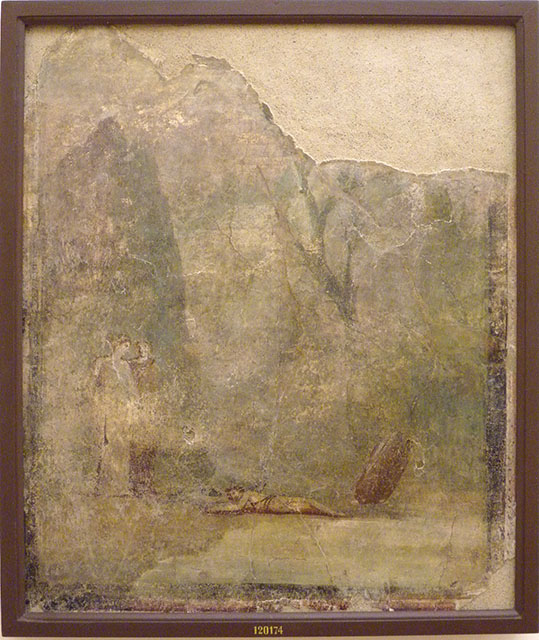 IX.6.d Pompeii. Wall painting of Daedalus and Icarus. 
According to Bragantini and Sampaolo, this was found in room “d” of IX.6.d. 
According to Schefold, it was found on the north wall of the room (d) east of the atrium.
According to Peters, it was taken from a Third Style room south-east of the atriolum.
As the painting had become so faded, he felt unable to discuss the landscape.
Now in Naples Archaeological Museum.  Inventory number 120174.
See Schefold, K., 1957. Die Wande Pompejis. Berlin: De Gruyter. (p.266).
See Schefold, K., 1962. Vergessenes Pompeji. Bern: Francke. (p.89, Taf 52,1). 
See Sogliano, A., 1879. Le pitture murali campane scoverte negli anni 1867-79. Napoli: (p.94, no.524).
See Bragantini, I and Sampaolo, V., Eds, 2009. La Pittura Pompeiana. Verona: Electa. (p. 337, Fig 152).
See Peters, W.J.T. (1963): Landscape in Romano-Campanian Mural Paintings.The Netherland, Van Gorcum & Comp. (p.80)
