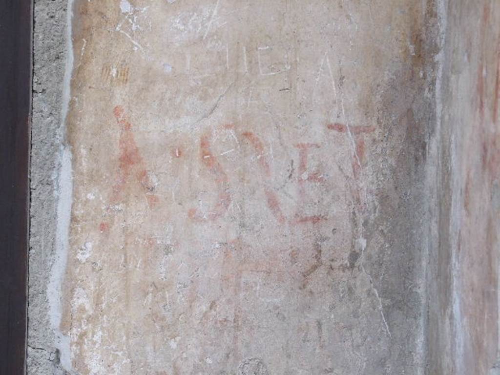 IX.7.5 Pompeii. December 2006. Graffiti outside Workshop of Verecundus.
According to Epigraphik-Datenbank Clauss/Slaby (See www.manfredclauss.de) CIL records this as
A(ulum) Suet/tium / aed(ilem) o(ro) v(os) f(aciatis)     [CIL IV 7834]
See Varone, A. and Stefani, G., 2009. Titulorum Pictorum Pompeianorum, Rome: L’erma di Bretschneider. p. 399.
