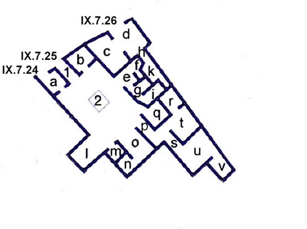 IX.7.25 Pompeii. Combined plan of IX.7.25, IX.7.24 and IX.7.26. Based on plan in PPM.
See Carratelli, G. P., 1990-2003. Pompei: Pitture e Mosaici.  Roma: Istituto della enciclopedia italiana, Vol. IX, p. 870.
