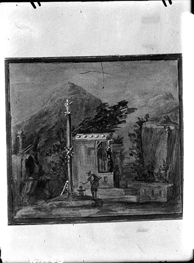 IX.8.2 Pompeii. W.1469. Painting of sacred landscape found in the central part of the east wall.
According to Bragantini, this painting was removed. 
It showed a woman sacrificing at an altar under a column with a statue of Priapus on it.
See Bragantini, de Vos, Badoni, 1986. Pitture e Pavimenti di Pompei, Parte 3. Rome: ICCD. (p.511)
Photo by Tatiana Warscher. Photo © Deutsches Archäologisches Institut, Abteilung Rom, Arkiv. 
