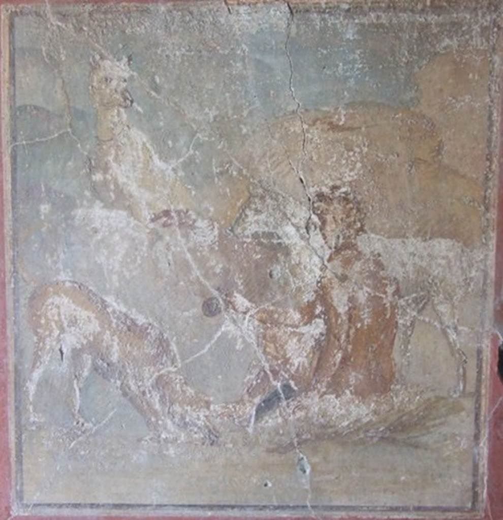 IX.9.c Pompeii. March 2009. Wall painting in centre of west wall of cubiculum.
According to Peters, this painting was of a boy sitting with his back turned towards the spectator.
He wore a wreath around his head and carried a bulla in his right hand.
He was surrounded by three very large dogs.
See Peters, W.J.T. (1963): Landscape in Romano-Campanian Mural Paintings. The Netherlands, Van Gorcum & Comp. (p.108 & fig.93)
