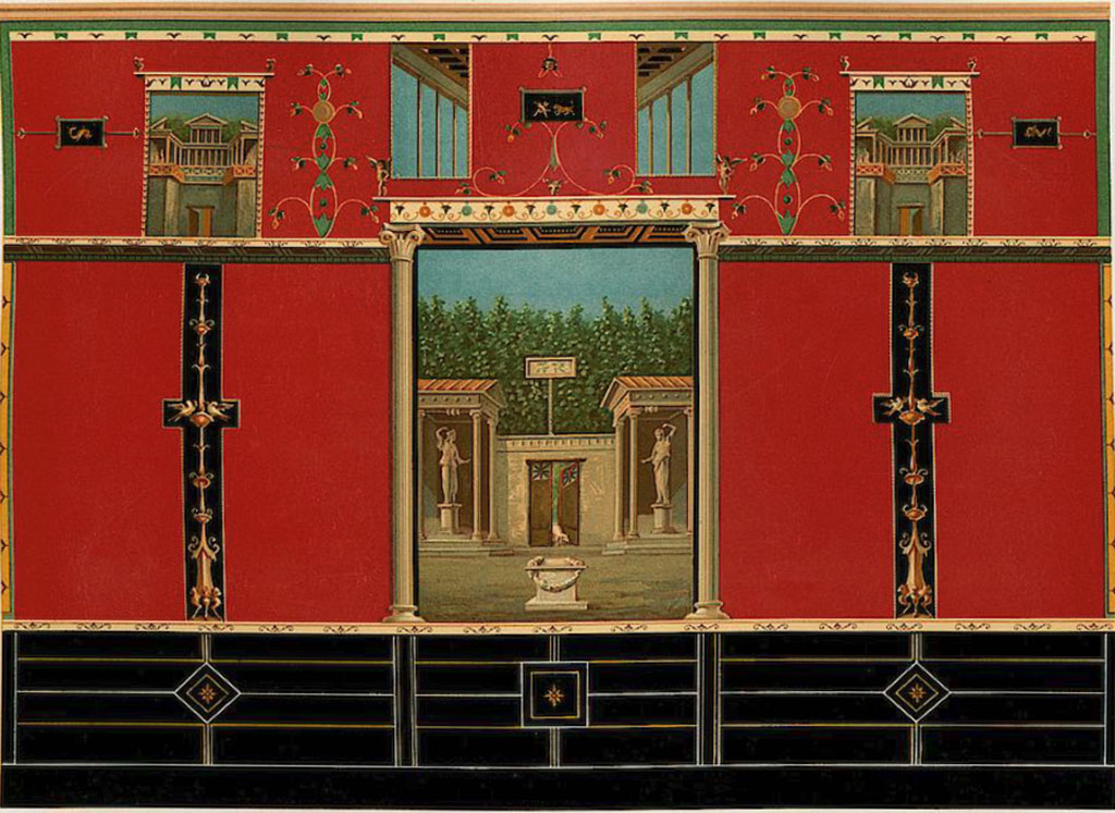 IX.9.c Pompeii. 1896 painting of south wall of triclinium, with sanctuary with colonnades and statues of divinities.
See Niccolini F, 1896. Le case ed i monumenti di Pompei: Volume Quarto. Napoli. 2, pl.15.
