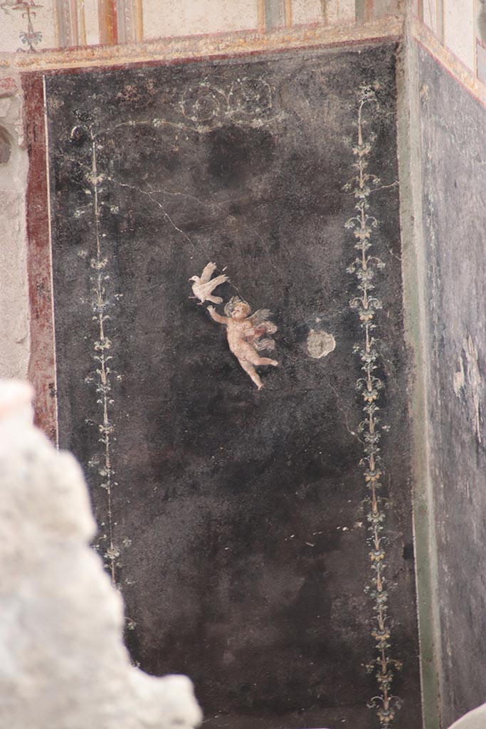 IX.12.A/IX.12.9 Pompeii. October 2024. 
Room 18, west end of south wall, with painted Cupid and bird. Photo courtesy of Klaus Heese.

