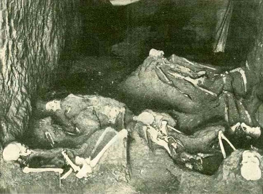 IX.14.2 Pompeii. 1912. Human skeletons in the fauces. 
According to New York Times, March 13th, 1912; - 
“before one of the gates were lying six bodies – those of Obellius Firmus himself, his wife, two little children, and two other persons, probably slaves”.
