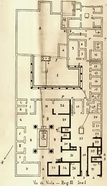 IX.14.4 Pompeii. House of M. Obellius Firmus or Casa di MM. Obellii Firmi, pater et filius
or Casa del Conte di Torino
Room Plan