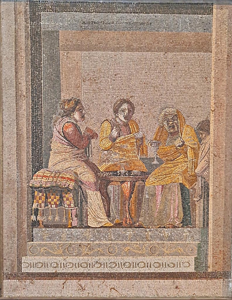 HGW06 Pompeii. Found on 8th March 1764. Ambiente 33 of Villa of Cicero. 
Mosaic of the Sorceress, Consultation with a witch. It bears the signature of Dioskourides of Samos. 
Now in Naples Archaeological Museum. Inventory number 9987.
Photo courtesy of Giuseppe Ciaramella. September 2024
