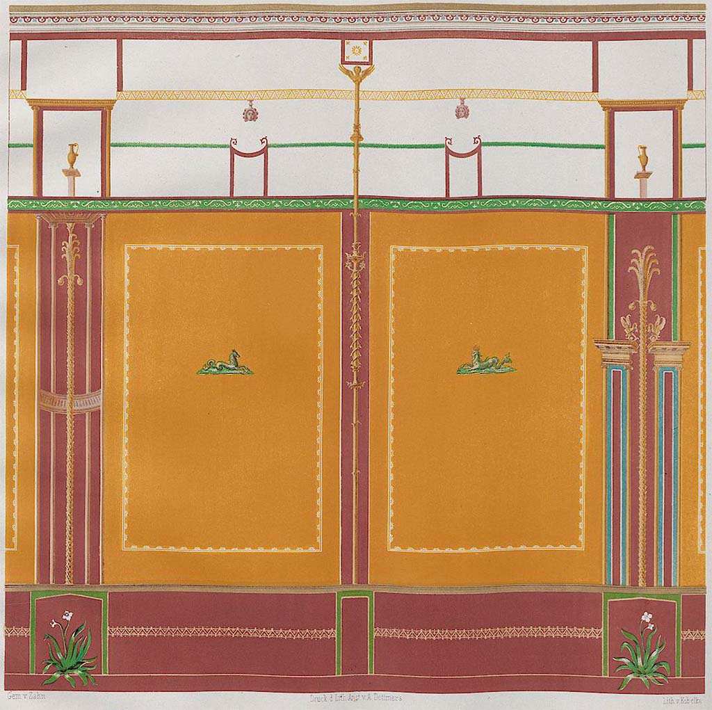HGW24 Pompeii. Pre December 1858. 
Painting by Zahn of decoration of a portion of the short west or south walls of the small courtyard of the baths.
See Zahn, W., 1852-59. Die schönsten Ornamente und merkwürdigsten Gemälde aus Pompeji, Herkulanum und Stabiae: III. Berlin: Reimer, taf. 89.
(Villa Diomedes Project- area 5)
(Fontaine, Baths 3, this is showing the decoration from the south and west wall.
