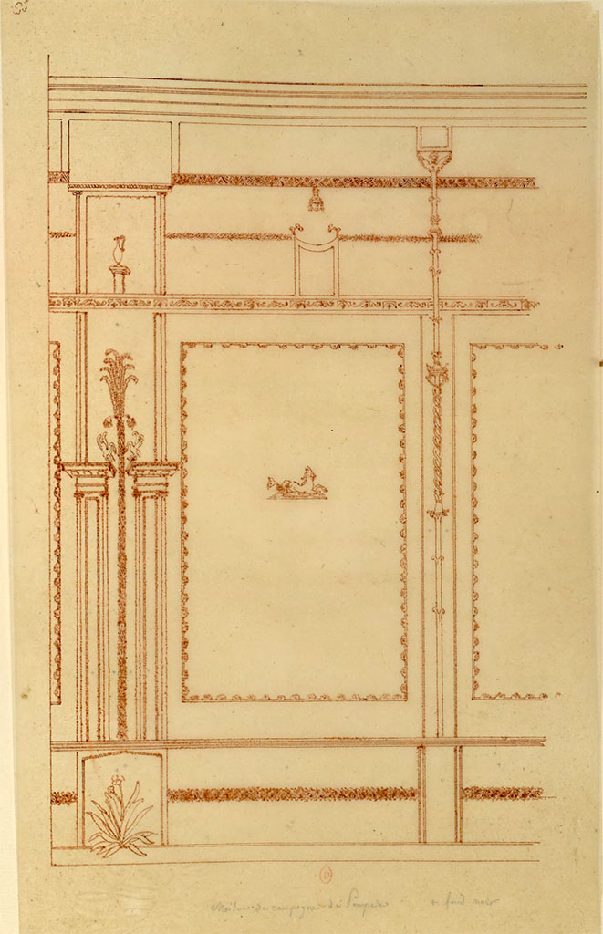 HGW24 Pompeii. Mai 1823? Sketch by Chenavard of wall decoration on a black background, of the small courtyard of the baths.
See Chenavard, Antoine-Marie (1787-1883) et al. Voyage d'Italie, croquis Tome 3, pl. 92.
INHA Identifiant numérique : NUM MS 703 (3). See Book on INHA 
Document placé sous « Licence Ouverte / Open Licence » Etalab   
(Fontaine, Baths 3).
