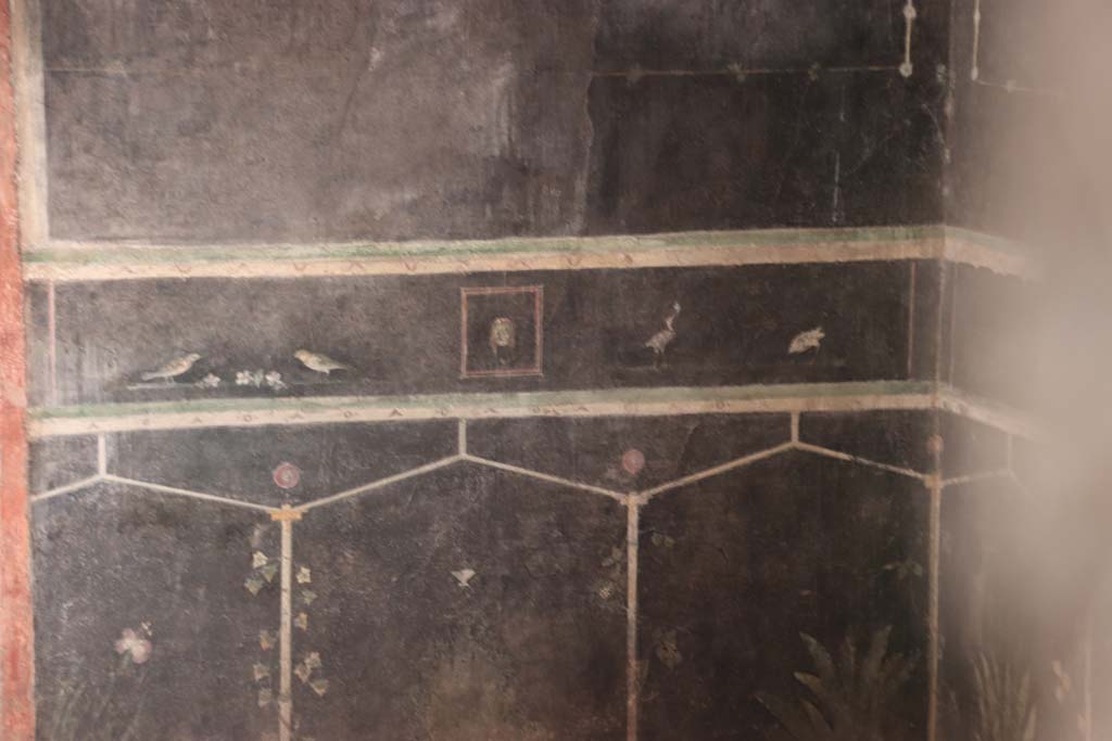 Villa of Mysteries, Pompeii. September 2021. Room 2, tablinum, detail from west wall in north-west corner. Photo courtesy of Klaus Heese.