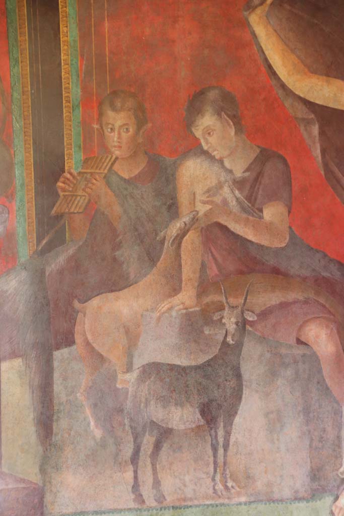 Villa of Mysteries, Pompeii. September 2021. 
Room 5, Paniscus, mythological figures who lived in the woods, suckle a kid and play music, detail of figures and goats from north wall. 
Photo courtesy of Klaus Heese.

