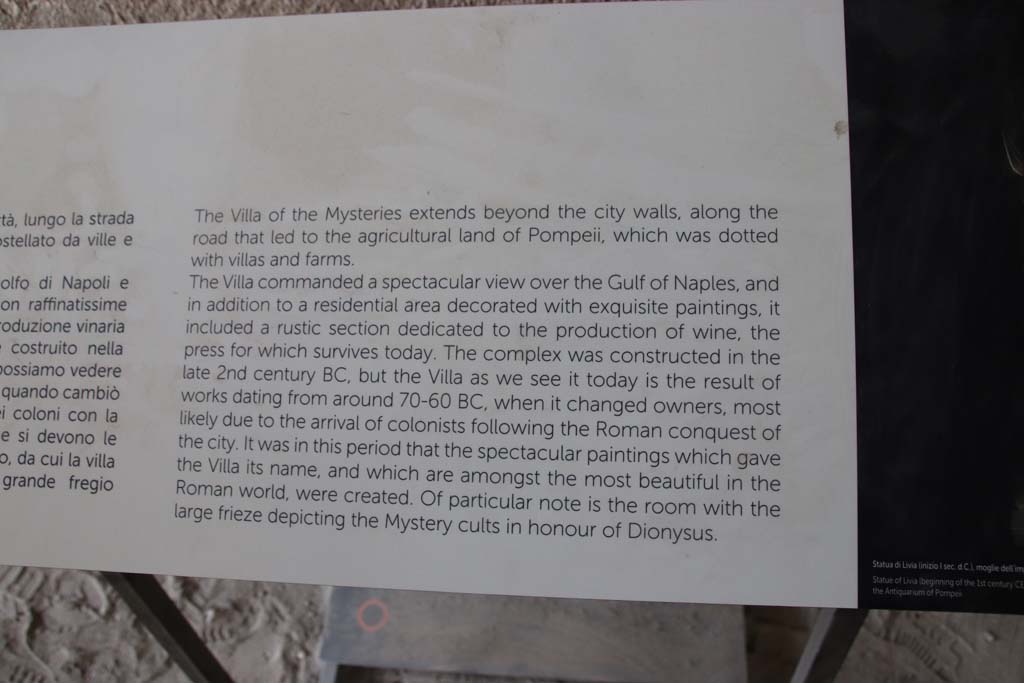 Villa of Mysteries, Pompeii. September 2021. Information card. Photo courtesy of Klaus Heese.
