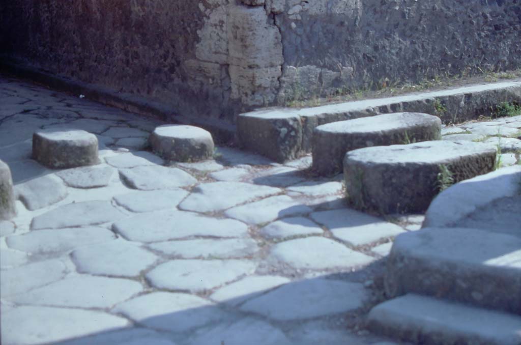 Via dei Teatri, Pompeii, left and centre. 1971. Detail of road surface and stepping stones.
The step in the road, near entrance to VIII.5.36 can be seen in the lower right, with stepping stones from the end of Vicolo delle Pareti Rosse, on right.
Photo courtesy of Rick Bauer, from Dr George Fay’s slides collection.

