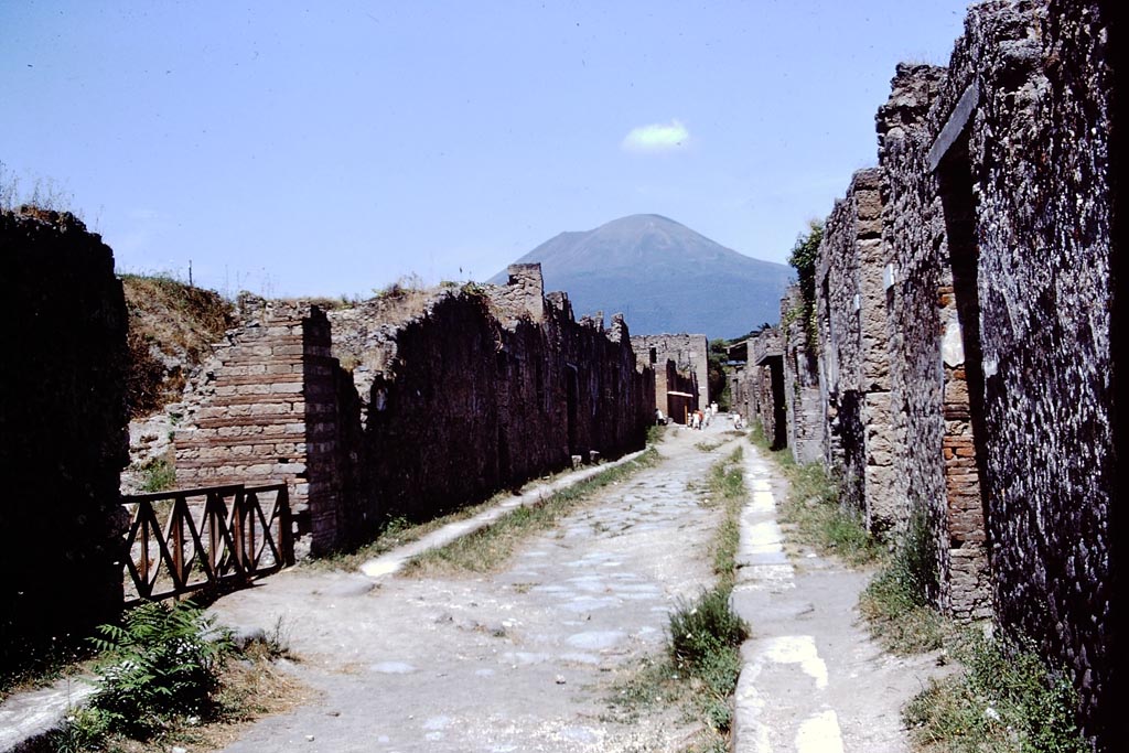 Via di Nocera, Pompeii. 1972. 
Looking north between I.14 and II.9, from junction with Via della Palestra. Photo by Stanley A. Jashemski. 
Source: The Wilhelmina and Stanley A. Jashemski archive in the University of Maryland Library, Special Collections (See collection page) and made available under the Creative Commons Attribution-Non Commercial License v.4. See Licence and use details.
J72f0425
