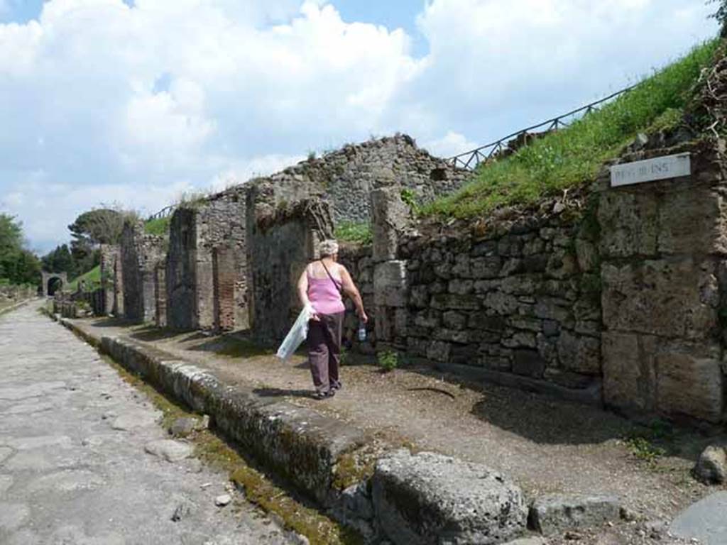 Via di Nola, south side, May 2010.  Looking east along III.8, from near III.8.1 and junction with unexcavated unnamed vicolo.