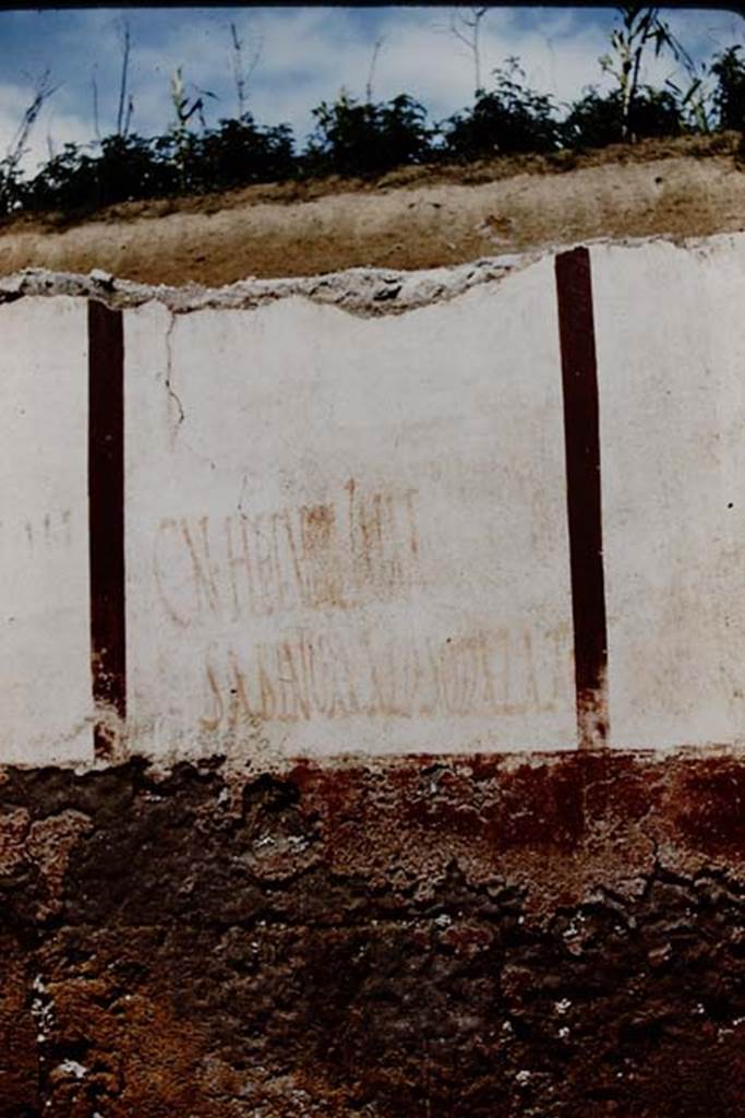 Vicolo di Ifigenia, east side, Pompeii. 1961. Inscription found to the north of doorway at III.4.e. 
The inscription reads -  CN.HELVIUM 
                                             SABINUM AED SODALA ROG.
Photo by Stanley A. Jashemski.
Source: The Wilhelmina and Stanley A. Jashemski archive in the University of Maryland Library, Special Collections (See collection page) and made available under the Creative Commons Attribution-Non Commercial License v.4. See Licence and use details.
J61f0558
