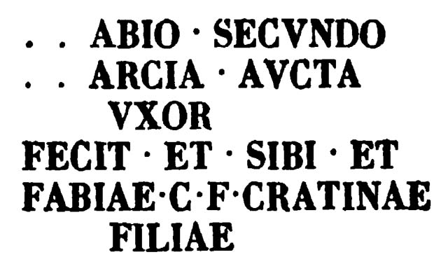 HGW18 Pompeii. 1763. Three pieces of a white marble plaque were found.
These made the inscription:

ABIO  SECVNDO
MARCIA  AVCTA
VXOR
FECIT  ET  SIBI  ET
FABIAE  C  F  GRATINAE
FILIAE

According to Epigraphik-Datenbank Clauss/Slaby (See www.manfredclauss.de) this read

[C(aio) F]abio Secundo
Marcia Aucta
Uxor
fecit et sibi et
Fabiae C(ai) f(iliae) Gratinae
filiae      [CIL X 1003]

See PAH I 1, 149-150, 9th April 1763.
See Kockel V., 1983. Die Grabbauten vor dem Herkulaner Tor in Pompeji. Mainz: von Zabern. (p. 85-6).
