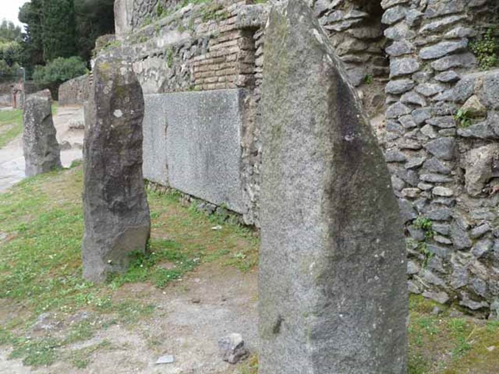 Pompeii Porta Nocera Tomb 3OS and 5OS. May 2010. Looking east along front walls from Tomb 5OS.