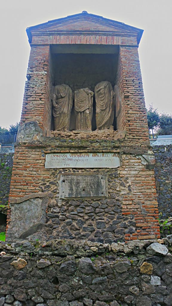 Pompeii Porta Nocera. 2016/2017 Tomb 23OS. Looking south. 
Aedicula tomb of Publius Vesonius Phileros, Vesonia and Marcus Orfellius Faustus.
Photo courtesy of Giuseppe Ciaramella.

