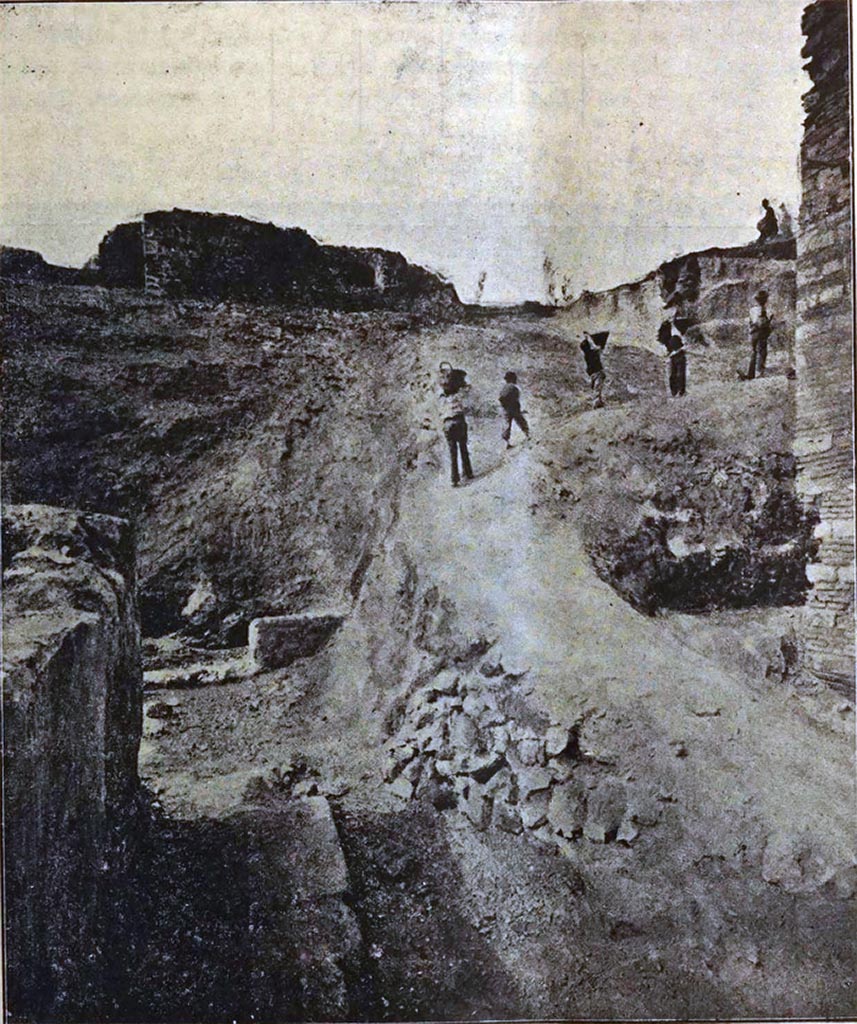 Tower X, Pompeii. During excavations c.1897. Looking north from the end of Vicolo del Labirinto. 
See Notizie degli Scavi di Antichità, 1897, p. 153, fig. 1.

