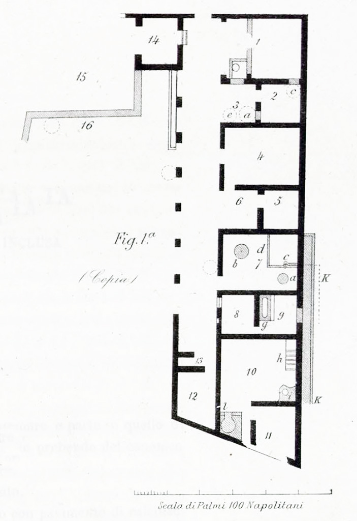 Gragnano, Petrellune (?). La villa scoperta all’Ogliaro. Plan.
See Ruggiero M., 1881. Degli scavi di Stabia dal 1749 al 1782, Naples. Taf. X, fig. 1. 
