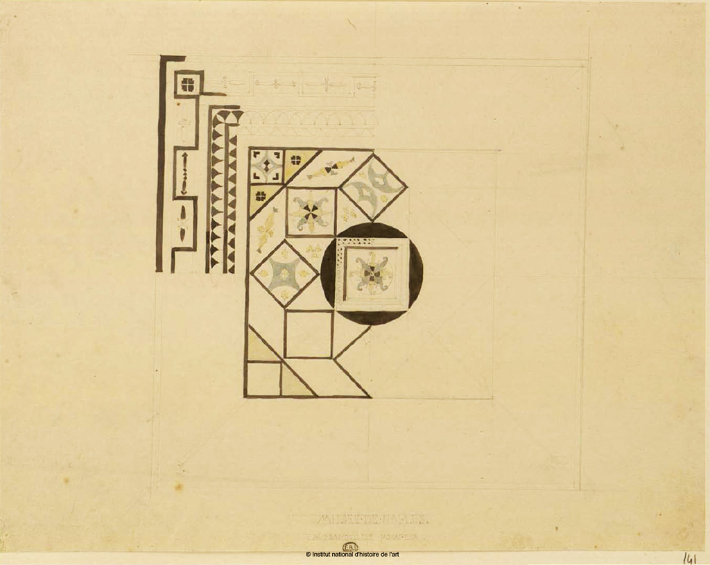 Villa Urbana, Varano, Stabiae or VIII.2.1 Pompeii. Mosaic in Naples Museum.
See Duban F. Album de dessins d'architecture effectués par Félix Duban pendant son pensionnat à la Villa Medicis, entre 1823 et 1828: Tome 2, Pompéi, pl. 141.
INHA Identifiant numérique NUM PC 40425 (2)
https://bibliotheque-numerique.inha.fr/idurl/1/7157  « Licence Ouverte / Open Licence » Etalab
