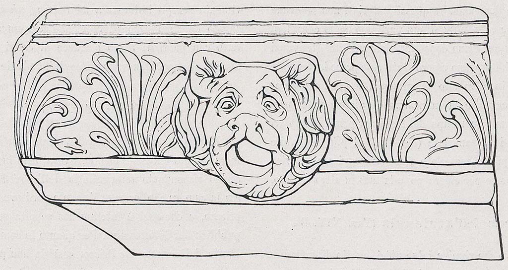 Villa della Pisanella, Boscoreale. Terracotta decorated roof gutter (gronda) with the central mouth of a smaller lion's head.
See Pasqui A., La Villa Pompeiana della Pisanella presso Boscoreale, in Monumenti Antichi VII 1897, p. 425 fig. 19.
