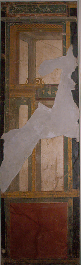 Villa della Pisanella, Boscoreale. Triclinium Pasqui F/Mau N? Fresco fragment. 
According to Cou, from the official report of the excavation of 1899 it is possible that some of the architectural pieces (No. 24657 or 24651, 24656, 24659) are from the triclinium or dining-room (N).
See Cou F. Antiquities from Boscoreale in Field Museum Of Natural History (January 1, 1912), p. 155.
Photo © Field Museum of Natural History - CC BY-NC.
Now in the Boston Field Museum, inventory number 24651. See in Field Museum
