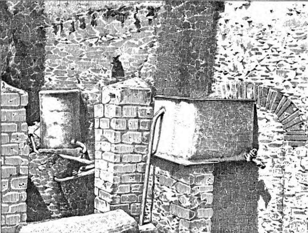 Boscoreale, Villa della Pisanella. 1897. Kitchen area with the large tank, and praefurnium with boiler and pipes etc.
See Pasqui A., La Villa Pompeiana della Pisanella presso Boscoreale, in Monumenti Antichi VII 1897, fig. 46.
