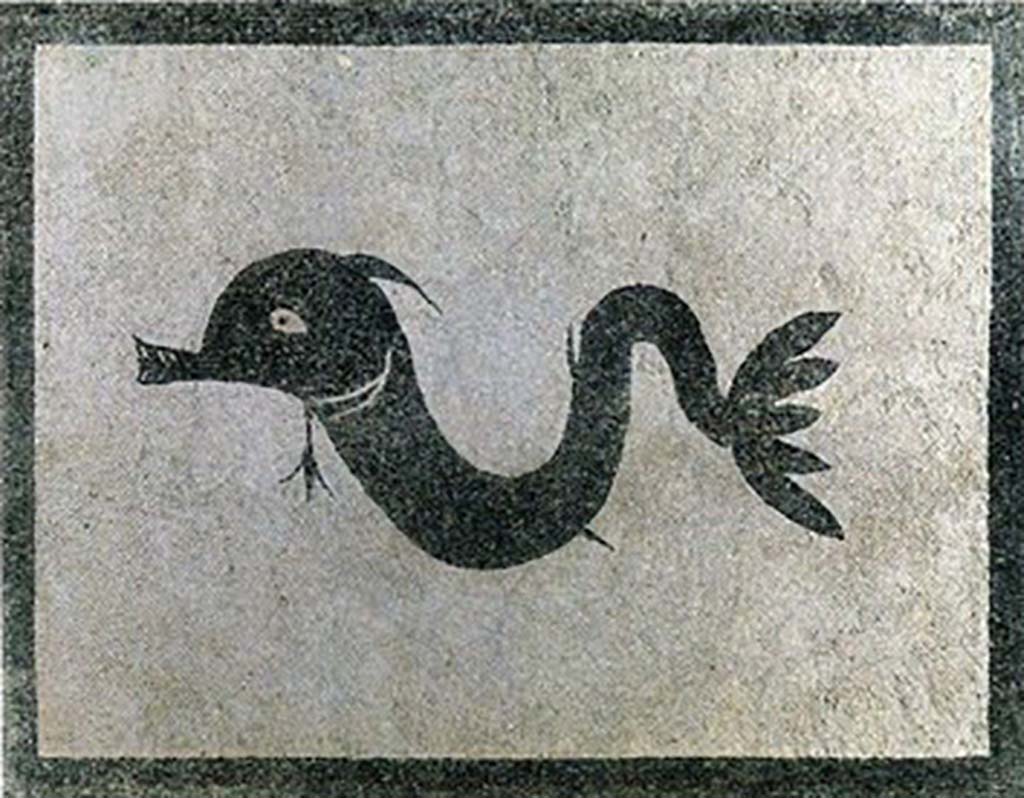 Boscoreale, Villa della Pisanella. Tepidarium N. Mosaic floor with black band around the edge and “monstrous” dolphin.