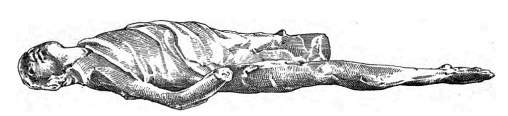 Boscoreale, Villa della Pisanella. 1897. Torcularium. Body cast of man stretched out on bench.
See Pasqui A., La Villa Pompeiana della Pisanella presso Boscoreale, in Monumenti Antichi VII 1897, fig. 53b.
