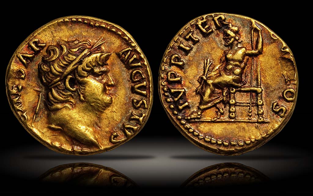Villa della Pisanella, Boscoreale. Gold aureus of Vitellius from AD 69. On the front is the laureate head of Vespasian facing right and the inscription AVITELLIVS GERM IMP AVGV TRP. On the reverse is the inscription PONT MAXIM with a seated Vesta facing right, holding patera and sceptre.
See https://www.flickr.com/photos/antiquitiesproject/4794045405/
