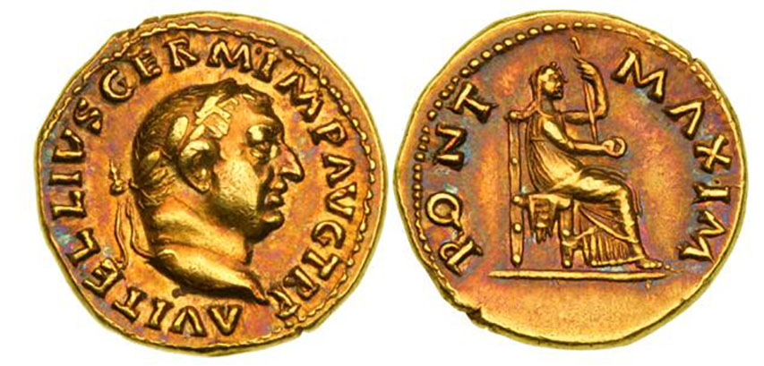 Villa della Pisanella, Boscoreale. Gold aureus of Vespasian from AD 70. On the front is the laureate head of Vespasian facing right and the inscription IMP CAESAR VESPASIANVS AVG.
On the reverse is the inscription CO SITER TR POT and Aequitas the Roman goddess of justice standing left, holding scales and sceptre.
Photo © Colosseo Collection. See Vespasian Aureus
