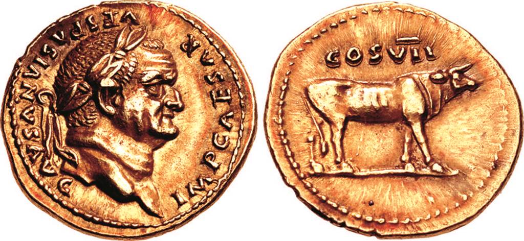 Villa della Pisanella, Boscoreale. Gold aureus of Tiberius.
On the front is the inscription TI CAESAR DIVI AVG F AVGVSTVS with the laureate head of Tiberius facing right.
On the reverse is the inscription PONTIF MAXIM, with Livia, as Pax, seated facing right, holding sceptre and olive branch on a chair with ornate legs, feet on footstool.
Most emperors cared deeply about their coinage and would issue a vast range of designs, reflecting current events and progress made within the Empire. Tiberius took the opposite approach, leaving a single precious metal type in place for nearly the entirety of his twenty-three year reign. Furthermore, the type itself was a duplicate from one of Augustus’ late emissions, indicating just how little focus Tiberius placed on his coinage.
Photo © Colosseo Collection. See Render unto Caesar what is Caesar's
